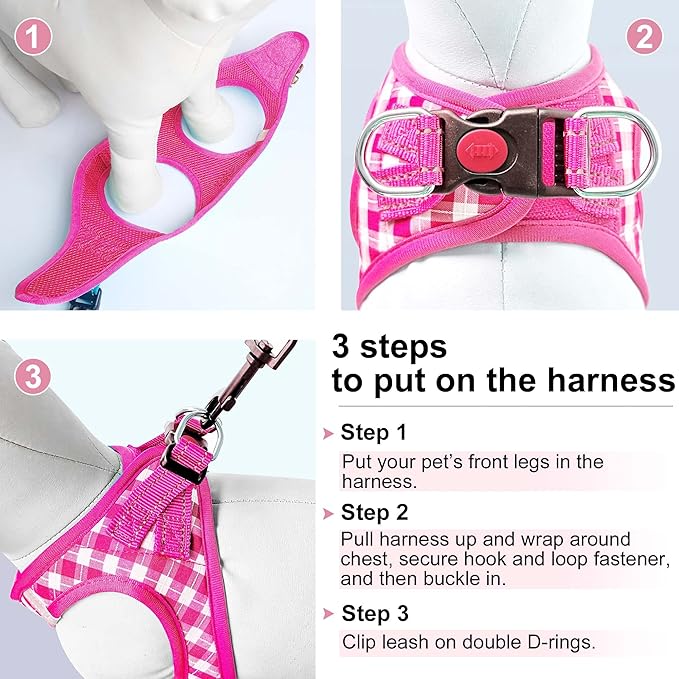 matilor Dog Harness Step-in Breathable Puppy Cat Dog Vest Harnesses for Small Medium Dogs Pink Checkered
