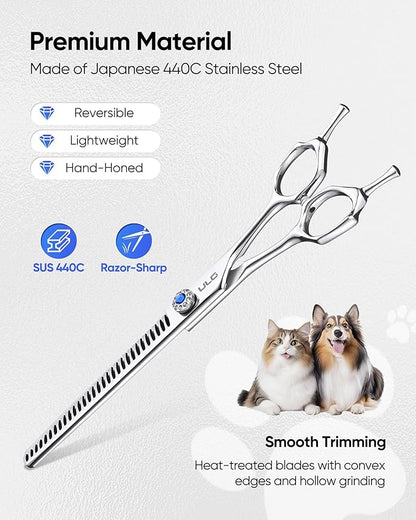 ULG Professional Dog Grooming Scissors 7.0” Straight Chunker Shear 65%-75% Thinning Rate 440C Japanese Stainless Steel Tension Adjustable Left & Right Handed Pet Grooming Shears