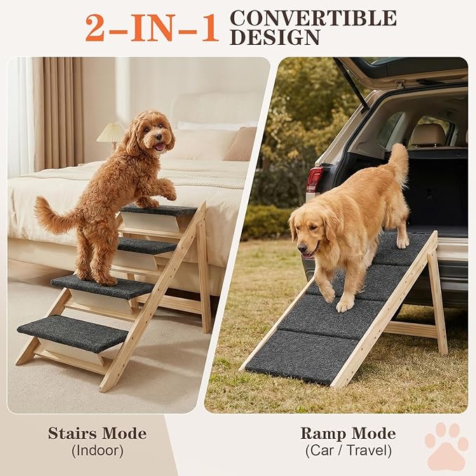 Dog Stairs/Steps, 2-in-1 Foldable Wooden Pet Stairs, Wood Frames and Non-Slip Carpet Suitable for High Beds, Car, Couch, Durable Wooden Dog Stairs for Small Medium and Large Dogs,4 Steps