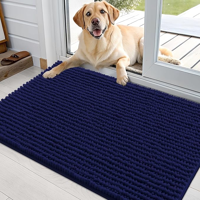 OLANLY Dog Door Mat for Muddy Paws 36x24, Ultra Absorbent Chenille Mud Doormat, Non-Slip Washable and Dirt Trapping Doormat for Indoor Entryway, Quick-Dry Indoor Pet Bed Mats for Dogs, Navy Blue