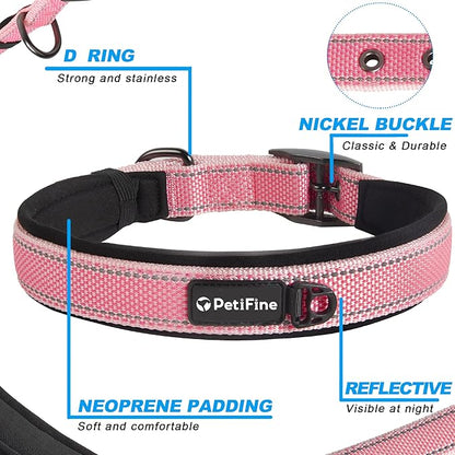 PetiFine Dog Collars for Small Dogs, Neoprene Padded Dog Collar, Reflective Heavy Duty Pet Collars with Durable Metal Belt Buckle for Walking, Pink, S