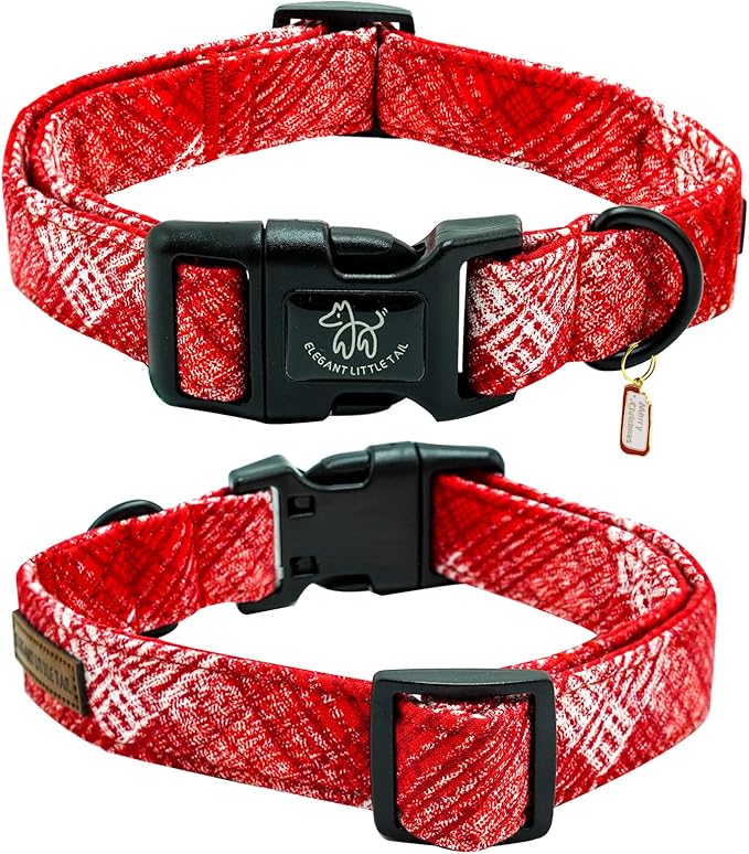 Elegant little tail Christmas Dog Collar, Pet Dog Collar Cotton Soft Red Plaid Winter Pet Collars Holiday with Quick Release Buckle Puppy Collar for Small Puppy