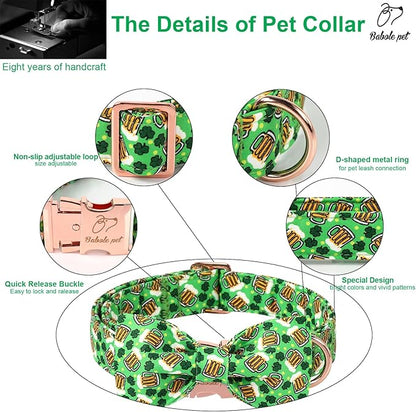 St Patricks Day Dog Collar with Bow Tie - Cotton Beer Clover Green Bowtie Dog Collar Adjustable Heavy Duty Holiday Dog Collars for Small Medium Large Dogs XL