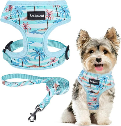 SCENEREAL Small Dog Harness and Leash Collar Set - No Pull Dog Harness for Small & Medium Sized Dogs - Soft Mesh Vest for Puppies, Chihuahua, Yorkie, Spring Summer Hiking Walking, Coconut Tree XS