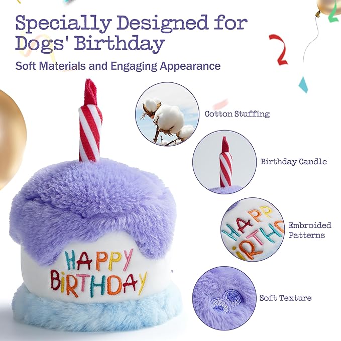 Fuzzwoof Dog Happy Birthday Cake Toy with Crinkle, Stuffed Plush Puppy Present for Birthday Party, Dog Toy for Small Medium