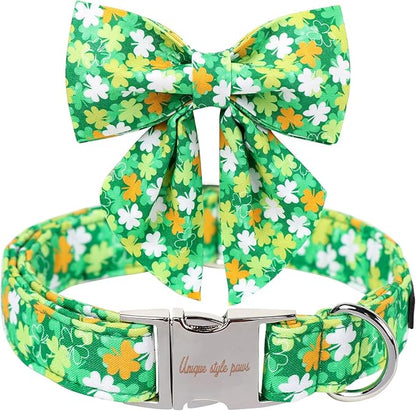 Unique style paws St. Patrick's Day Dog Collar with Bow Clover Collar with Flower for Small Medium Large Boys Girls Dogs