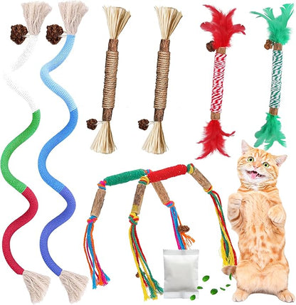 GBSYU Silvervine Sticks for Cats & Cat Chew Rope Toy with Refillable Natural Catnip Bag for Teeth Cleaning, Interactive Cat Catnip Toys for Indoor Cats, Kitten Teething Toys for All Breeds (8Pcs)