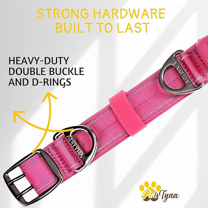 ADITYNA Heavy Duty Reflective Pink Dog Collar with Handle - Wide, Neoprene Padded for Large Female Dogs - Tactical, Durable, Comfortable for Walking, Training, Hiking