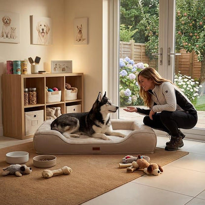 Orthopedic Dog Beds for Extra Large Dogs, Waterproof Cooling Gel Memory Foam XL Pet Bed with Sides, Non-Slip Bottom and Egg-Crate Foam with Washable Removable Cover,42.0" LX30.0 WX9.0 Th Beige