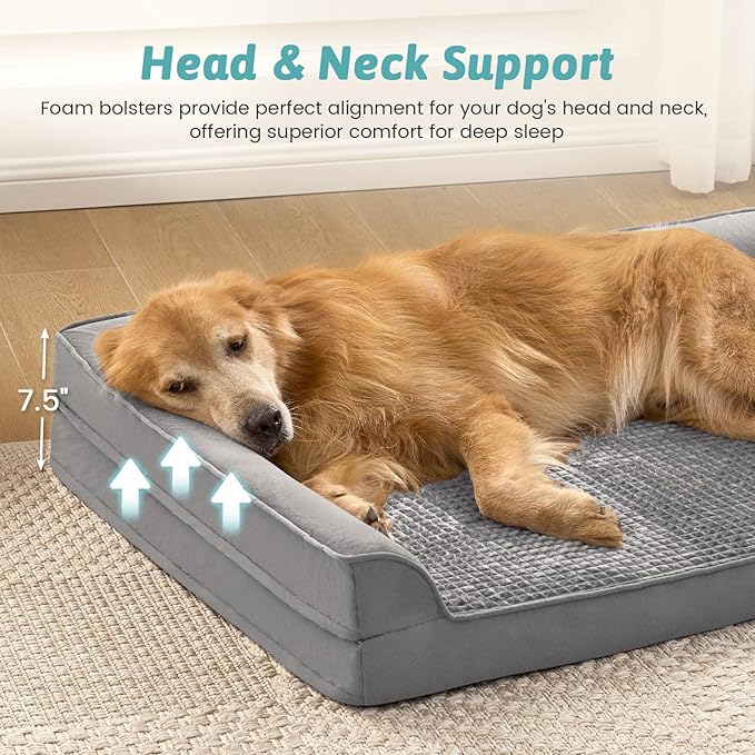 Orthopedic Dog Bed for Large Size Dog, XL Dogs Crate Bed, L Shaped Foam Anti-Slip Bottom Pet Cat Sofa with Washable Removable Cover, Suitable for Pet Up to 100 lbs, 42x30x7.5 inch, Grey