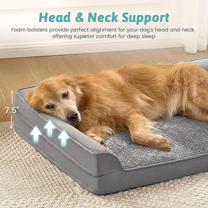 COZY KISS Orthopedic Dog Bed for Large Size Dog, XL Dogs Crate Bed, L Shaped Foam Anti-Slip Bottom Pet Cat Sofa with Washable Removable Cover, Suitable for Pet Up to 100 lbs, 44x32x7 inch, Grey