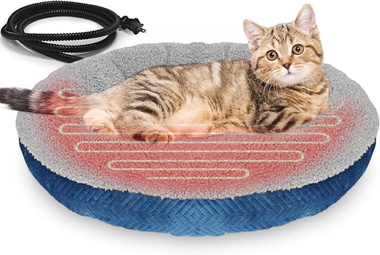 AUPETEK Heated Cat Beds for Indoor Cats Warming Cat Beds Super Soft Machine Washable Thermo Kitty Electric Heating Bed 19 Inches Round