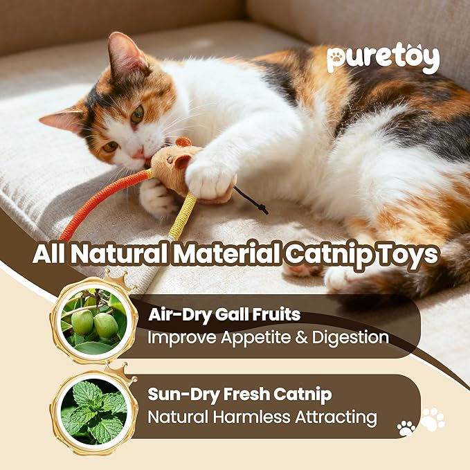 PURETOY Cat Chew Ropes with Catnip Mice, 3Pcs Cat Chew Toys for Kitten/Large Cats Enrichment, 3-in-1 Catnip Toys Mouse & Strong Braided Ropes & Gall Fruits, Cats Teething Toys