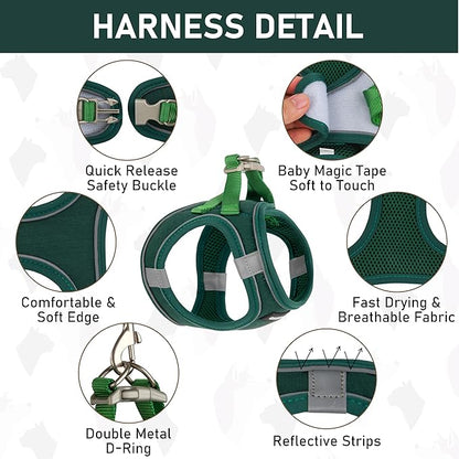 GAMUDA Small Pet Harness Collar and Leash Set, Step in No Chock No Pull Linen Fabric Soft Mesh Dog Vest Harnesses Reflective for Dogs Puppy Cats Kitten Rabbit (Green, L)