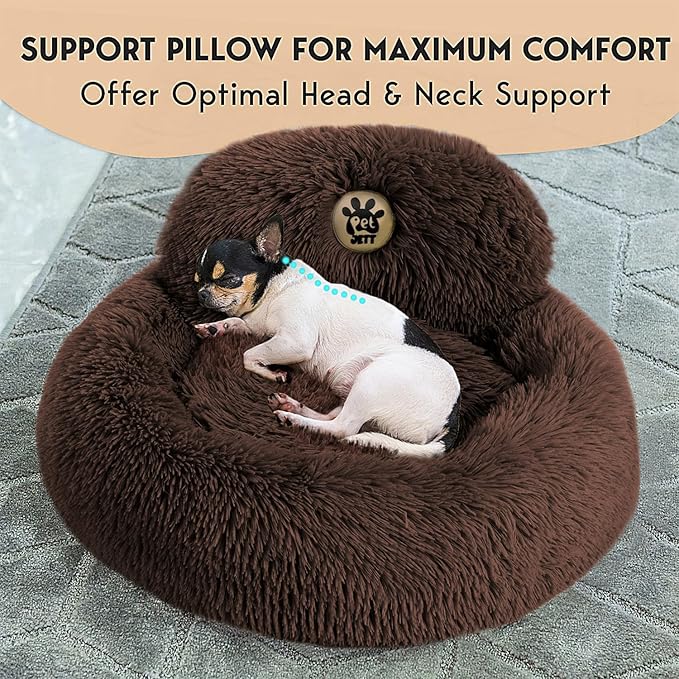 PetJett Calming Dog Bed for Small Dogs – 23" Donut Dog Beds, Anti-Slip & Washable Fluffy Plush Faux Fur Pet Bed, Anti-Anxiety Premium Comfort Round Puppy Bed, Fits Dogs up to 25 lbs – Brown