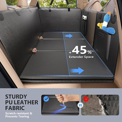 ROUWINNE Back Seat Extender for Dogs-Upgraded PU Leather, Hard Bottom Dog Car Seat Cover for Back Seat, Anti-Scratch Backseat Extender for Dogs,Waterproof Dog Hammock for Car, SUV, 420lbs