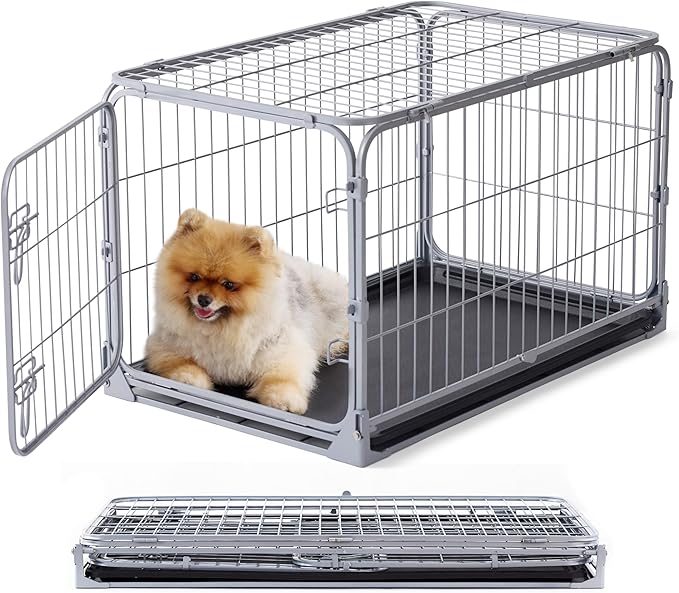 ZOMISIA Foldable Dog Crate for Small Dogs - 30 inch Escape-Proof Metal Kennel with Double Door, Easy Assembly Collapsible Cage with Removable Tray, Indoor Outdoor Use, Silver Gray