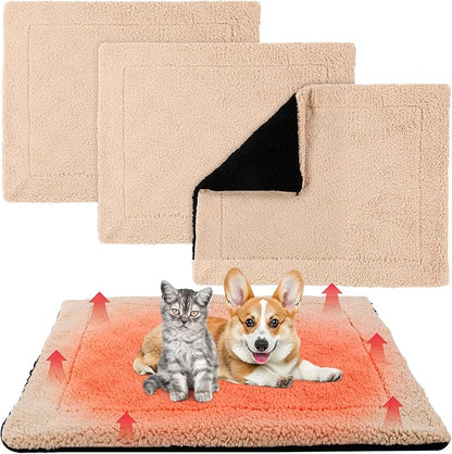 Novabright 3 Pack Self Warming Dog Bed for Large Dog 27x35 Inch Mat Self Heating Cat Reflects Body Heat Extra Warm Thermal Pet Pad Washable Cat Bed for Outdoor Indoor Large Kittens Puppy(Black/Khaki)