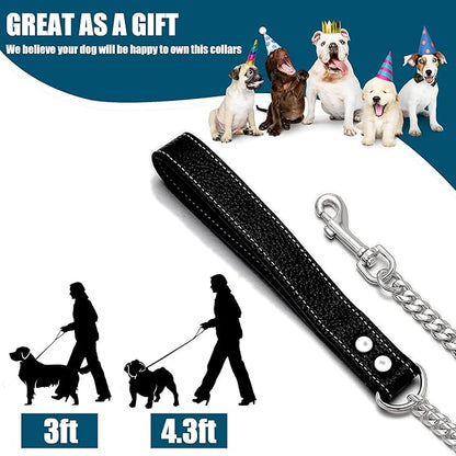 Silver Dog Chain Leash 18K Gold Stainless Steel Cuban Link Dog Leash with Leather Handle for Dogs Collar Chains(3ft/Silver)