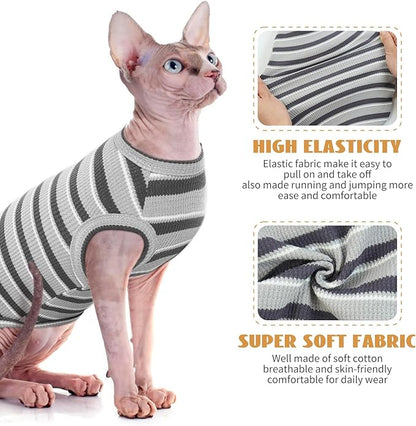 BRKURLEG Hairless Cats T Shirt, Cat Sweaters, Pullover Kitten Shirts, Sleeveless Round Collar Cotton Vest for Cornish Rex Devon Rex Peterbald and Small Dogs Sweater(Grey Stripes, L)