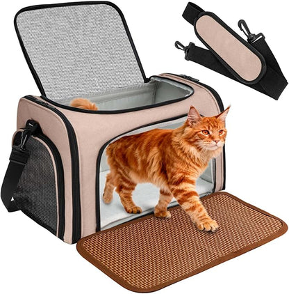 DSDCDJ Cat Carrier Dog Carrier - Soft-Sided Cat Carrier with Plush Pad & Cooling Mat, Easy-Load 4-Side Zipper & 3-Side Mesh Ventilation, Pet Carrier Airline Approved for Cats/Dogs Up to 20 lbs, Brown