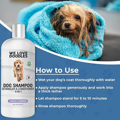 We Love Doodles Dog Shampoo, Conditioner, & Detangler - Shampoo for Dogs, Goldendoodles, Poodles & Doodles, for Matted Pet Hair & Sensitive Skin, Made in The USA, Lavender, 16 oz