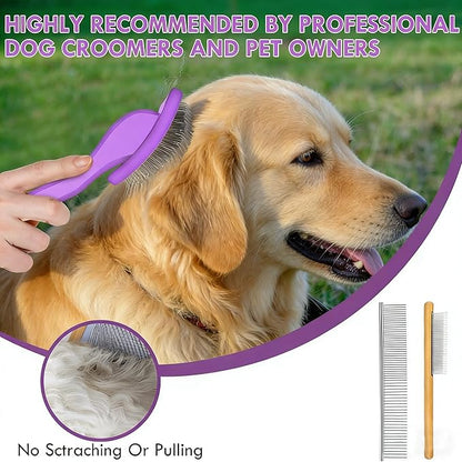 Slicker Brush for Dogs,Dog Grooming Supplies Long Pin Large Doodle Brush for Goldendoodles Poodles Bernedoodles, 3 Pcs Grooming Tools with Wooden Handle for Mats Tangles - Purple