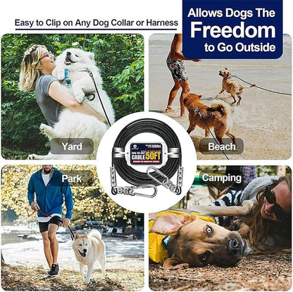 WATFOON 50Ft Dog Tie Out Cable, Training Leads Dog Run Leash for Yard, Reflective Heavy Duty Pet Runner Cable for Dogs Up to 300 Pounds, 1000lbs Break Strength Camping Steel Wire Chain