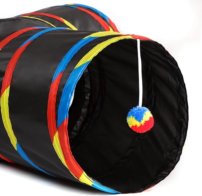 Tempcore Pet Cat Tunnel Collapsible Toy, 3-Way Kitty Tunnel with Peek Hole & Ball - Indoor Play Tube for Cats, Kittens, Puppy, Rabbit, Black & Rainbow