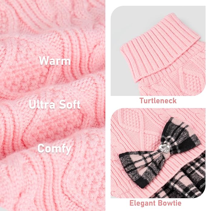 KYEESE Dog Sweater Soft Turtleneck Pet Sweater Dress Stretchy Dogs Clothes Warm Pullover Dog Sweaters for Medium Dogs Girl Comfy Pet Coats with Bowtie, Pink, XX-Large