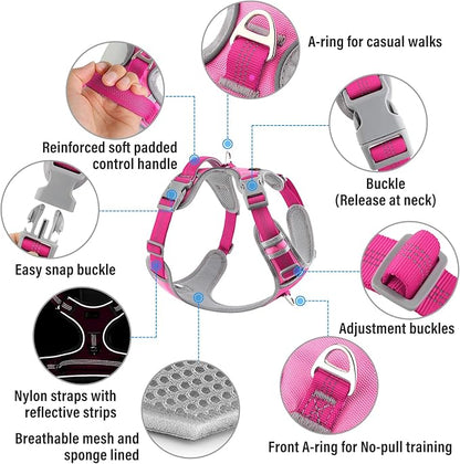 Plutus Pet No Pull Dog Harness, Release at Neck, Reflective Adjustable Dog Vest Harness, Easy Control Handle for Walking, for Small Medium Large Dogs, Hot Pink, XL
