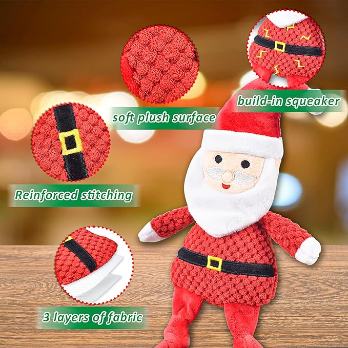 LECHONG Christmas Dog Toys, 4pcs Stuffed Dog Squeaky Toys for Teething and Chewing, Tough Xmas Gift Toy Bundle Santa Toys for Small Large Dogs Puppy