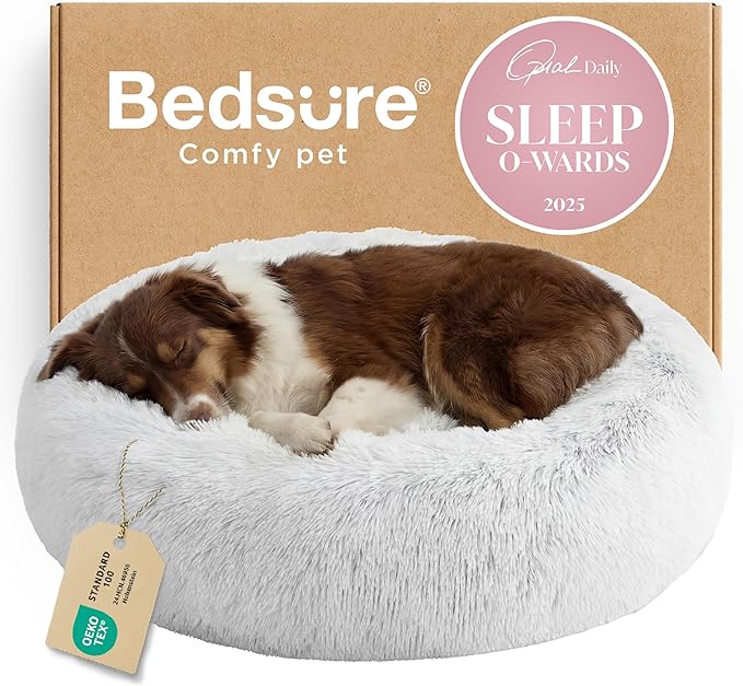 Bedsure Calming Dog Bed for Large Dogs - Donut Washable Large Pet Bed, 36 inches Anti-Slip Round Fluffy Plush Faux Fur Dog Bed, Fits up to 80 lbs Pets, Frost Grey