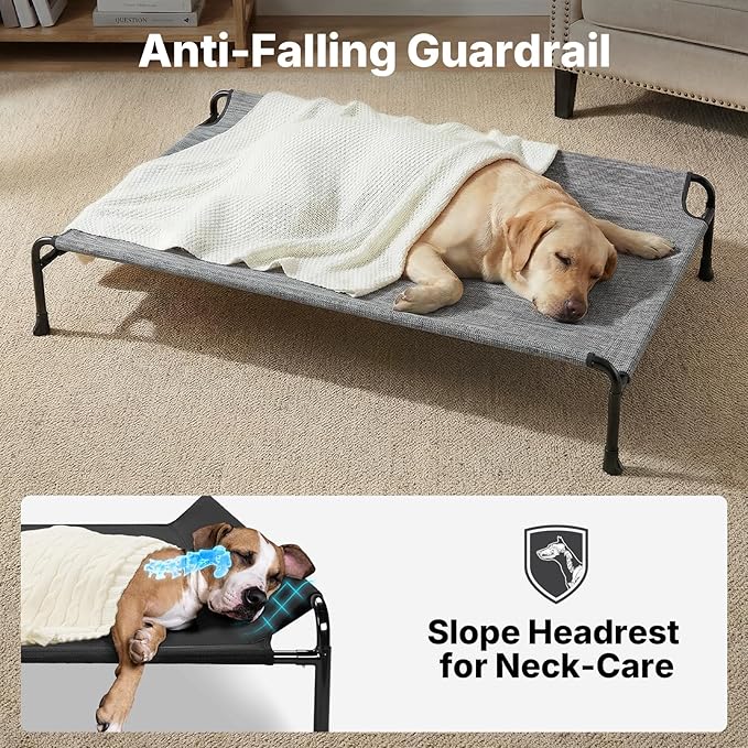 Veehoo Outdoor Elevated Dog Bed with Headrest Sides, Raised Dog Beds for Large Dogs, Washable Cooling Dog Cot with Non-Skid Feet, Breathable Mesh, Pet Hammock for Indoor or Camping, 41", Black Silver