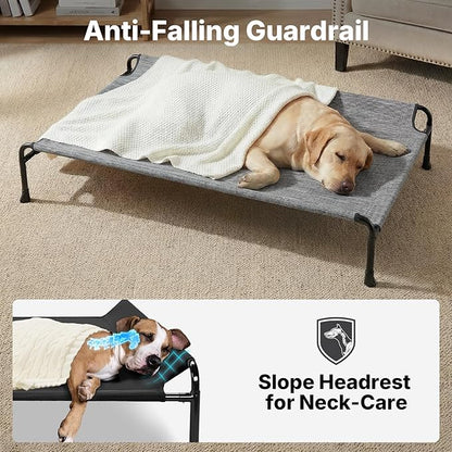 Veehoo Outdoor Elevated Dog Bed with Headrest Sides, Raised Dog Beds for Large Dogs, Washable Cooling Dog Cot with Non-Skid Feet, Breathable Mesh, Pet Hammock for Indoor or Camping, 41", Black Silver