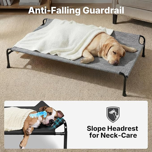 Veehoo Outdoor Elevated Dog Bed, Extra Large Raised Dog Bed with Headrest Sides, Washable Cooling Dog Cot with Non-Skid Feet, Breathable Mesh, Pet Hammock for Indoor or Camping, 47", Black Silver