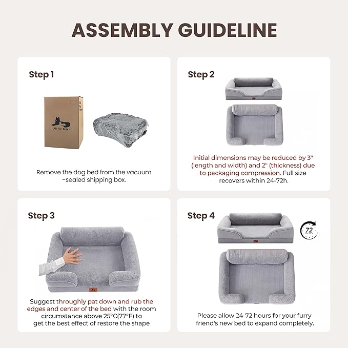 Warmrest XL Orthopedic Dog Beds for Large Dogs, Waterproof Egg-Crate Foam Pet Couch Bed with Soft Sides, Non-Slip Dog Sofa with Fleece Removable Washable Cover, 42" L Supportive Pet Sofa, Light Grey