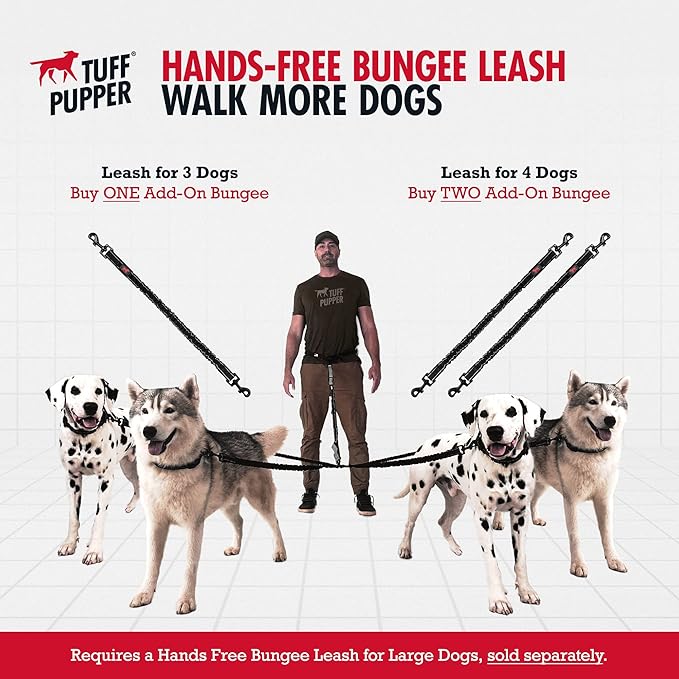 Tuff Pupper Heavy Duty Hands Free Bungee Dog Leash | Two Large Dogs Up to 250 lbs | Comfortable Shock Absorbing Bungee | Reflective Dual Padded Handles | Lumbar Waist Belt 26-38" | 360° Swivel Clips