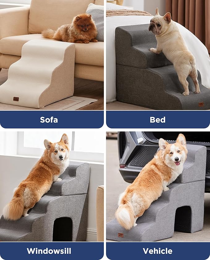Gray Curved Dog Stairs Ramp for High Beds 22.8" H, 4-Step Dog Steps for Small Dogs and Cats, Pet Stairs for High Bed Climbing, Non-Slip Balanced Pet Step