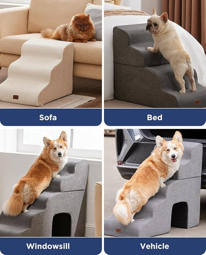 Gray Curved Dog Stairs Ramp for High Beds 22.8" H, 4-Step Dog Steps for Small Dogs and Cats, Pet Stairs for High Bed Climbing, Non-Slip Balanced Pet Step