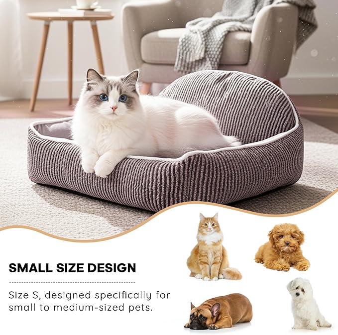 Striped Backrest Pet Sofa Bed | 30cm Semi-Circular Shell Backp Design | Suitable for 0-50lbs Cats, Dogs, Rabbits | Machine-Washable Plush Dog Bed (Dark Brown)