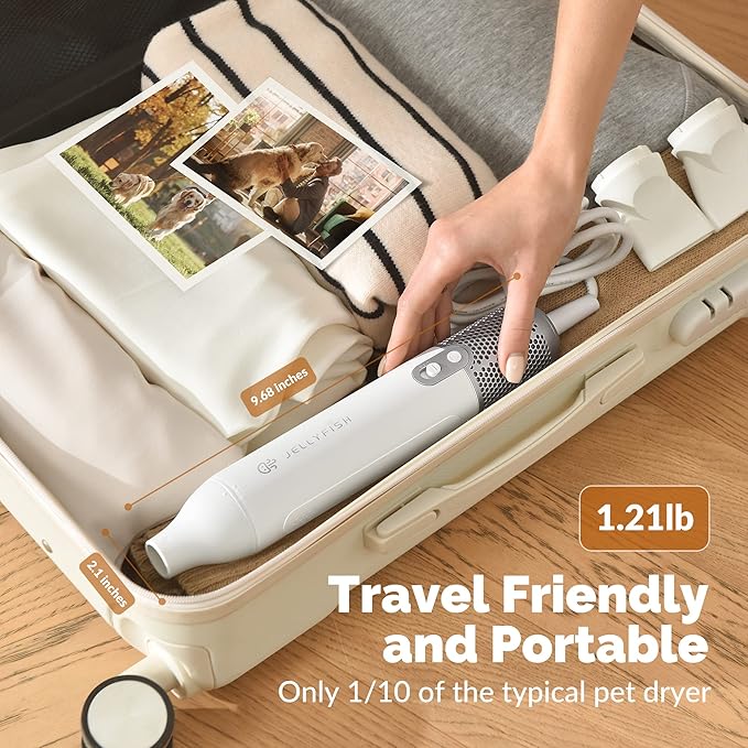 Jellyfish Handheld Dog Dryer - 1.21lb Lightweight, 2 Speeds, 4 Temp, Portable High Velocity Blow Dryer for Travel & Home