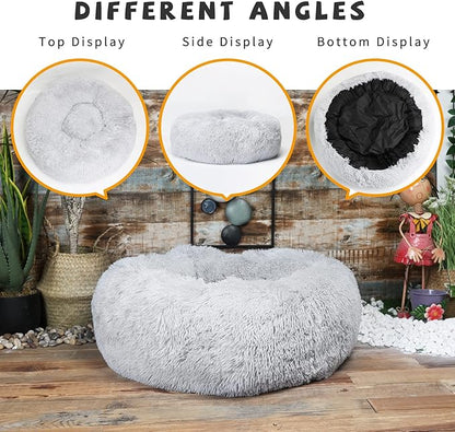 Calming Dog Bed for Medium Dogs Washable Donut 30 inches Anti-Slip Pet Bed,Round Fluffy Plush Faux Fur Cat Bed,Fits up to 45 lbs Pets,Grey