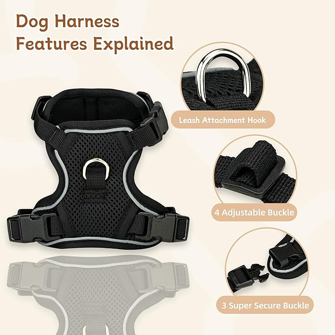 Small Dog Harness and Leash Set, Reflective Soft Breathable Mesh Vest, 3 Buckles, Adjustable Neck and Chest,Step in Dog Harness for Walking, Running, Training, Black, XS