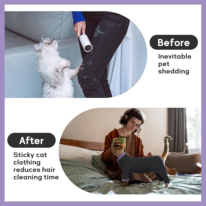 PUMYPOREITY Sticky Hair Cat Clothes, Prevent Hair Loss Cat Pajamas, Soft Cat Sweaters for Cats Only, Cat Hair Sticky Onesie, Cat Recovery Suit After Surgery, Black, S