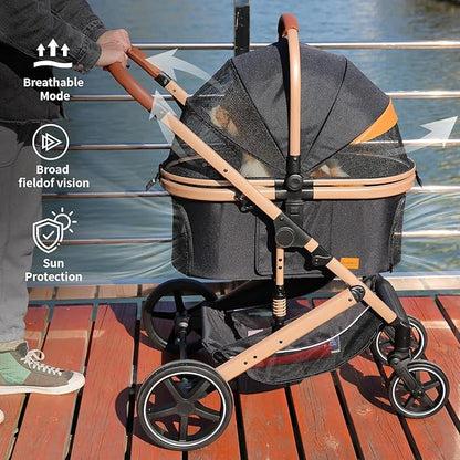 EchoSmile 4 in 1 Pet Stroller, Folding Lightweight Cat & Dog Stroller with Detachable Carrier, NO-Zip 180° Reversible Canopy, All Terrain 4-Wheel,45 lbs Capacity for Small to Medium Dogs