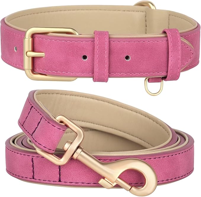 Beirui Soft Padded PU Leather Dog Collar and Leash Set, Durable Dog Leash and Collar Set with Metal Buckle, Breathable Pet Collars with 4FT Leash for Large Dogs(Rose, Neck 16-21")
