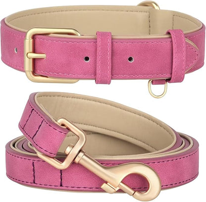Beirui Soft Padded PU Leather Dog Collar and Leash Set, Durable Dog Leash and Collar Set with Metal Buckle, Breathable Pet Collars with 4FT Leash for Large Dogs(Rose, Neck 16-21")