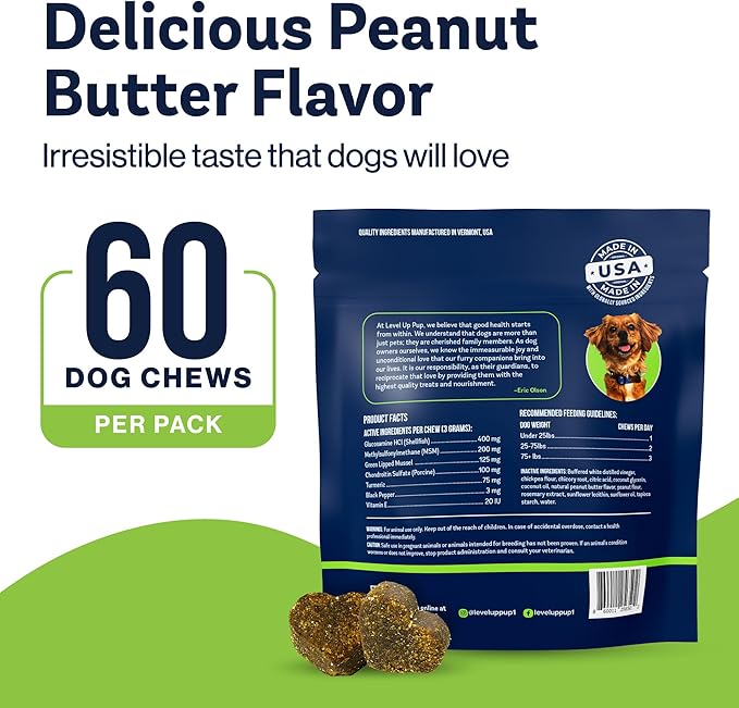 LVL Up Pup Dog Joint Supplement for Senior Dogs – Hip & Joint Supplement for Dogs with Glucosamine, Chondroitin, MSM – Dog Supplement for Large Breed – Joint Health Chews