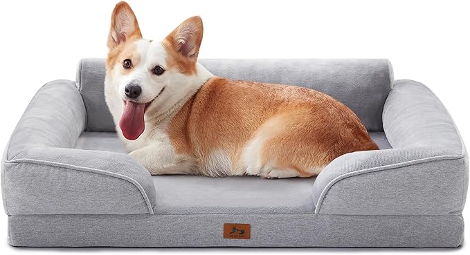Warmrest Orthopedic Dog Beds for Large Sized Dogs, Waterproof Egg-Crate Foam Pet Couch Bed with Soft Side, Non-Slip Dog Sofa with Flannel Removable Washable Cover, 35"L Supportive Pet Sofa, Light Grey